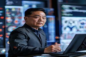 磁力猫运营总监吴建国的工作照，坐在数据看板前分析用户增长趋势，表情沉稳，桌面摆放着笔记本与数据报告，体现专业的数据驱动运营风格